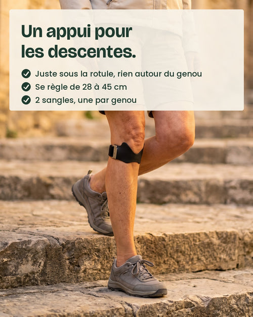 Sangle de genou Gambadine noire, portée juste sous la rotule, dans un escalier de pierre