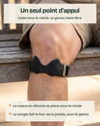 La coque en silicone se place juste sous la rotule, la sangle fait le tour de la jambe