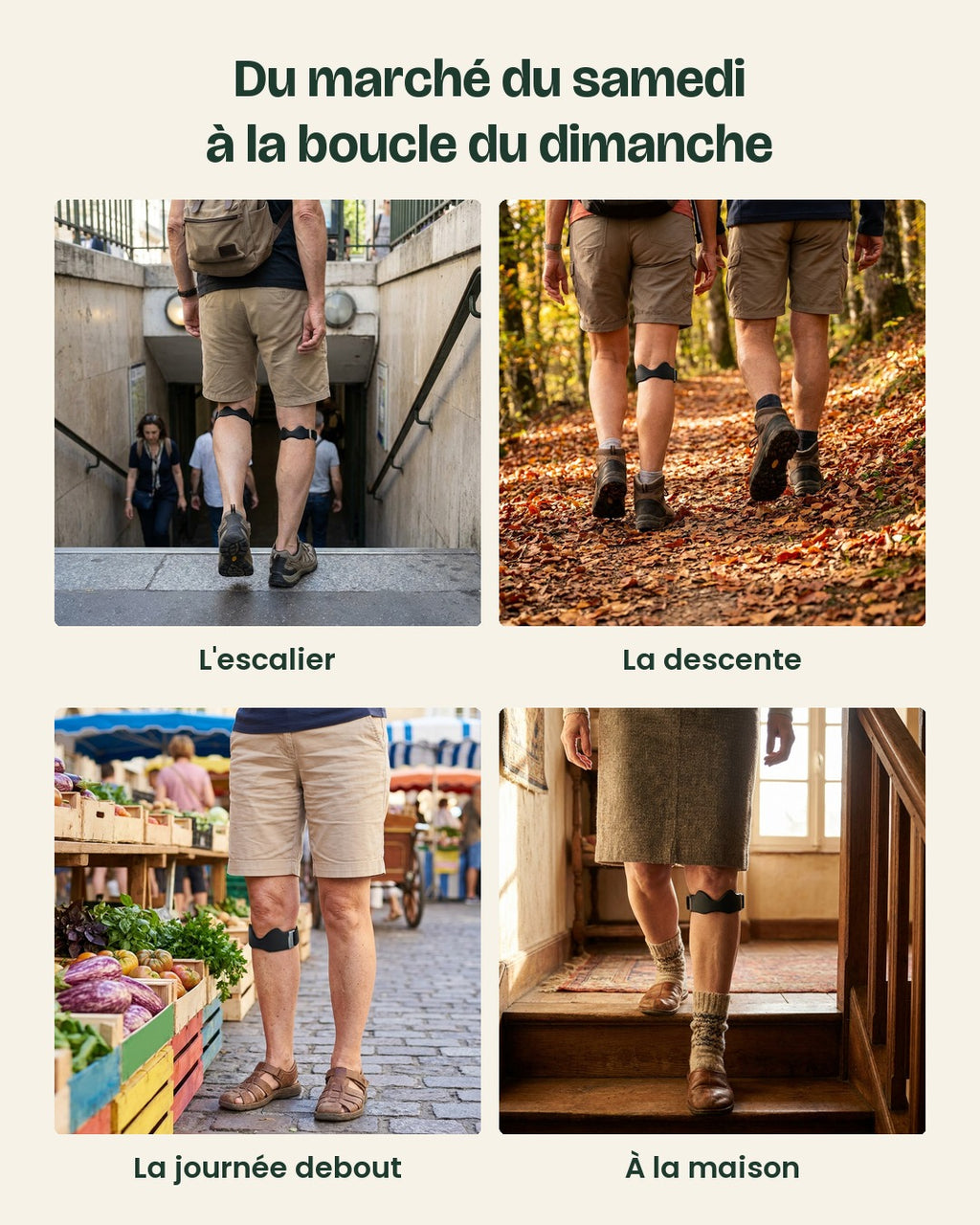 La sangle portée dans 4 situations : escalier, chemin en descente, marché, escalier de maison