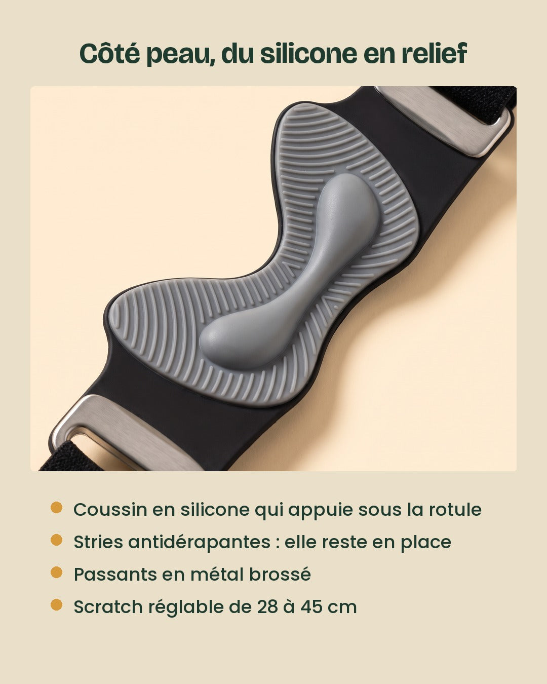 Le dessous de la coque : silicone en relief et stries antidérapantes, passants en métal, scratch