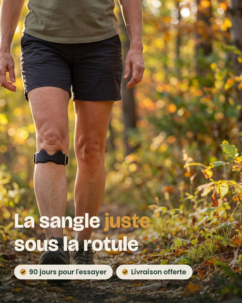 Sangle de genou Gambadine portée juste sous la rotule, sur un sentier d'automne